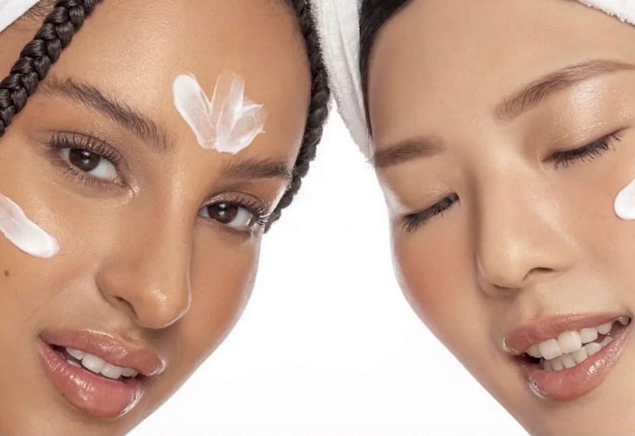 Skincare campaign, two close-up faces with moisturizing cream on the skin