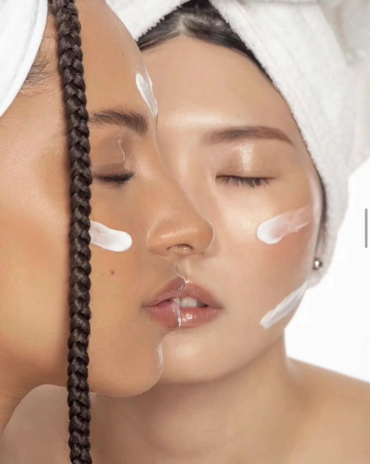 Skincare campaign with two overlapping faces and cream applied to the cheeks